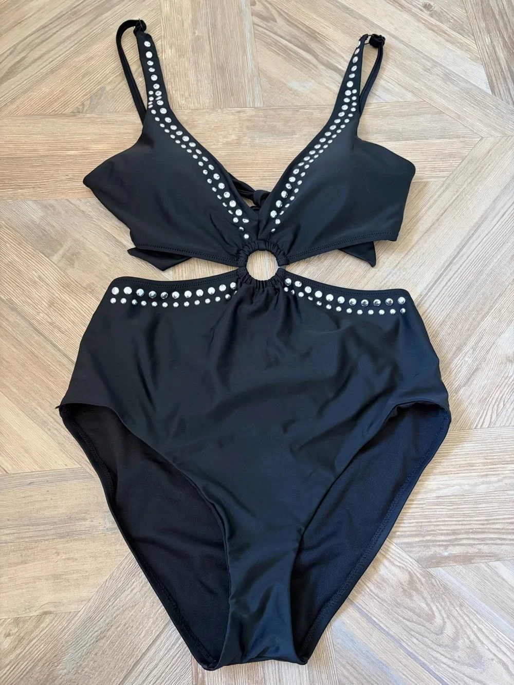 Bar III Tell Me About It Stud One Piece Swimsuit Black Size Medium Cutout Goth